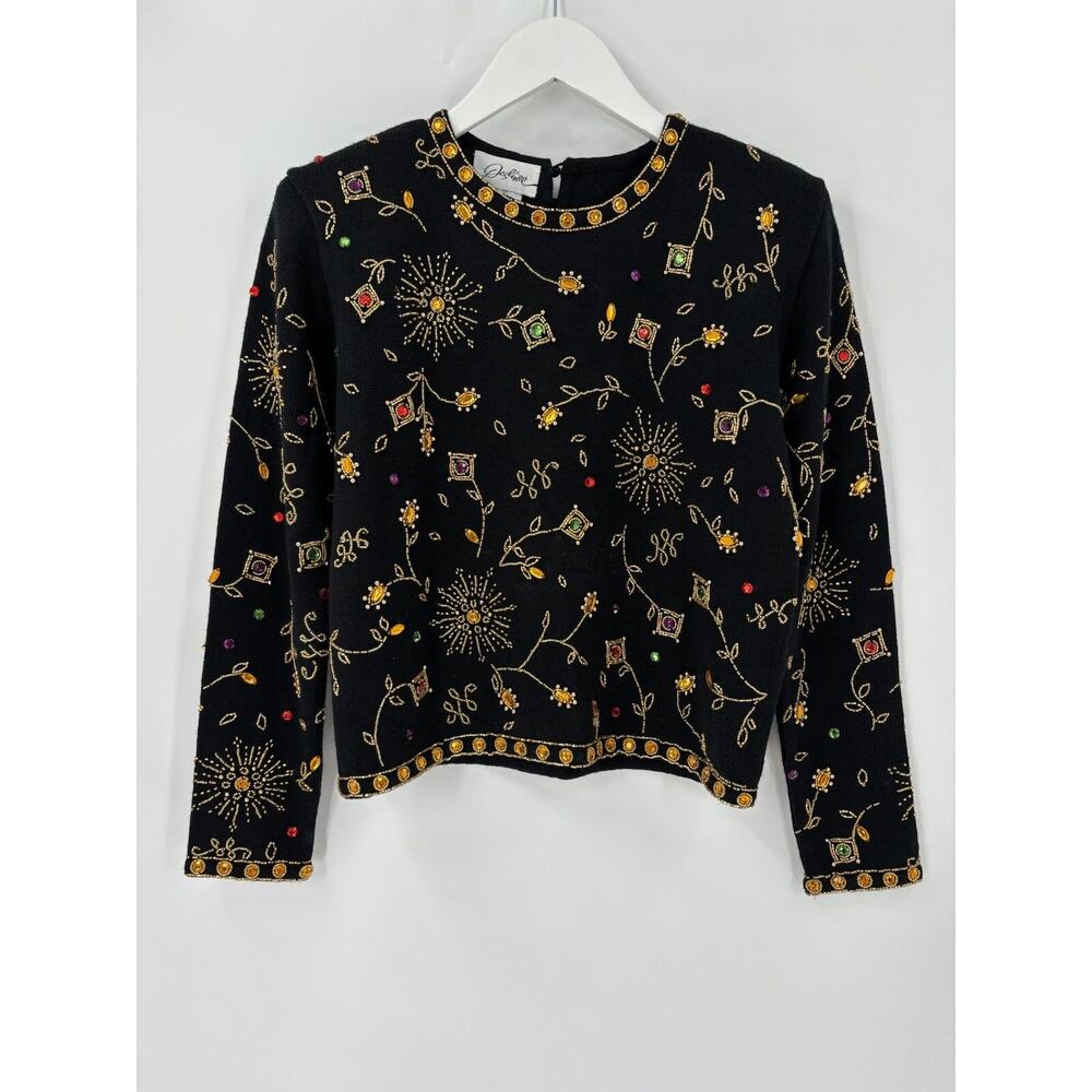 Destinee Vintage Sweater Womens Small Black Gold Beaded Embroidered Wool Blend